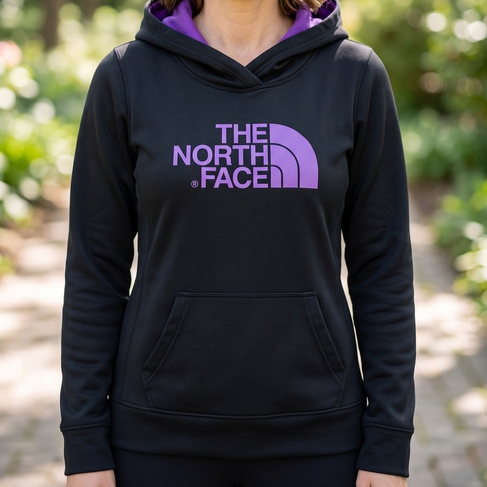 The North Face Womens Black Purple Logo Pullover Hoodie Sweatshirt Activewear